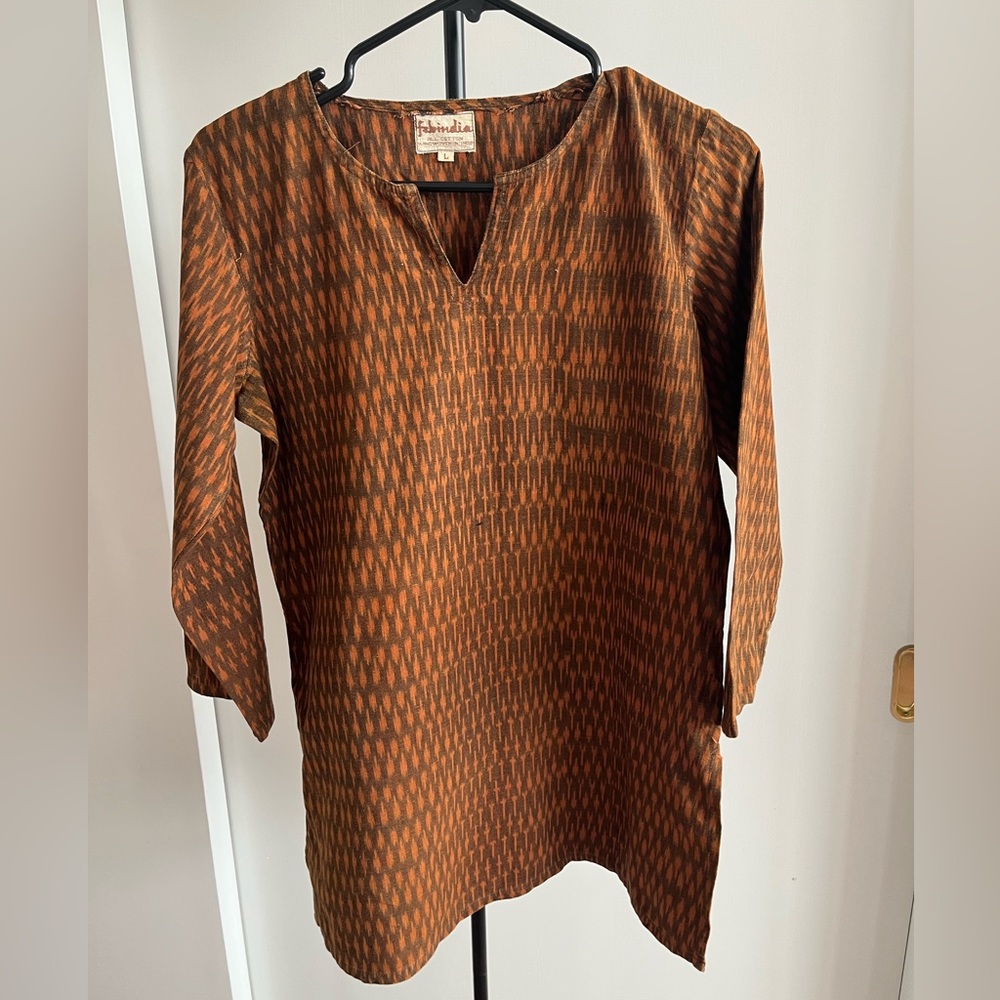 FabIndia ikat Kurta Tunic top khadi cotton design brown & rust handwoven M / L